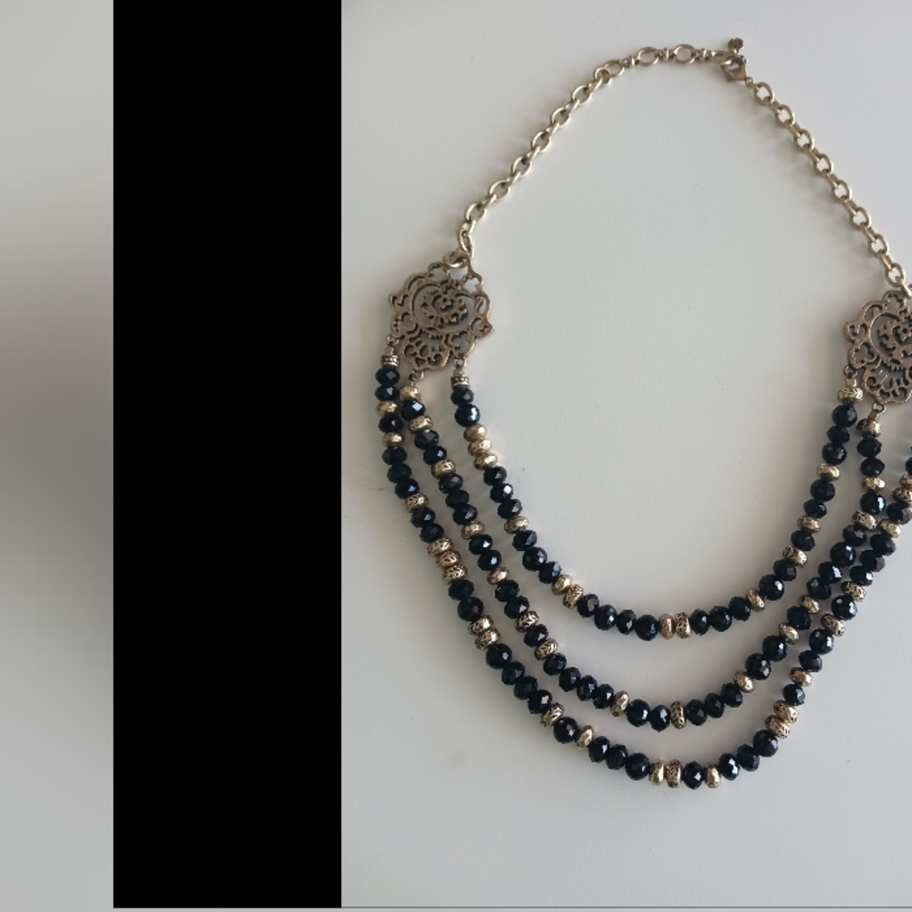 Lucky Brand Semi Precious Gemstone Black Bead Triple Strand Necklace